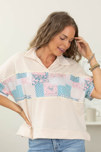 Beige Collared Floral Patchwork Knit Top