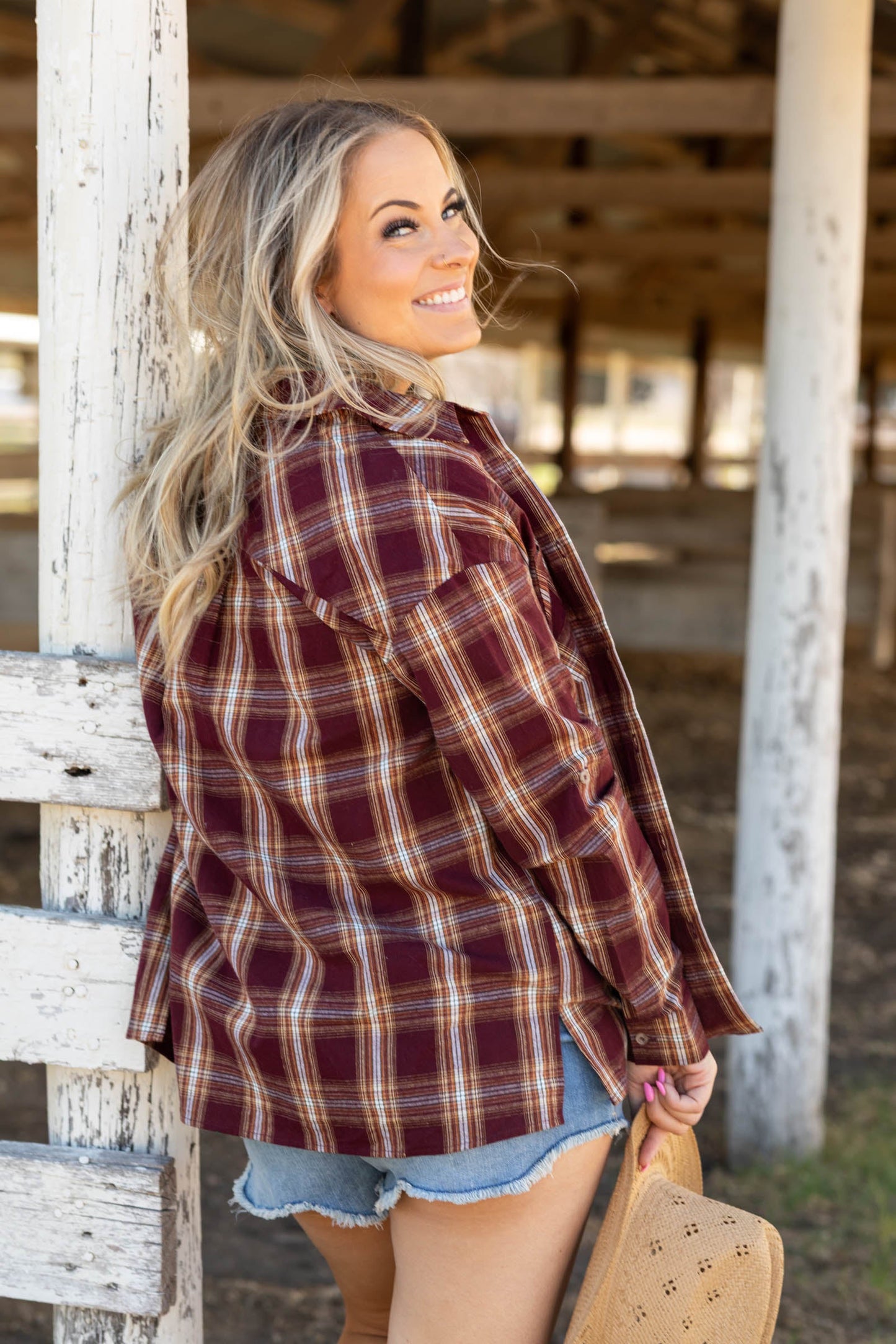 Berry Plaid Woven Top With Roll Up Sleeve
