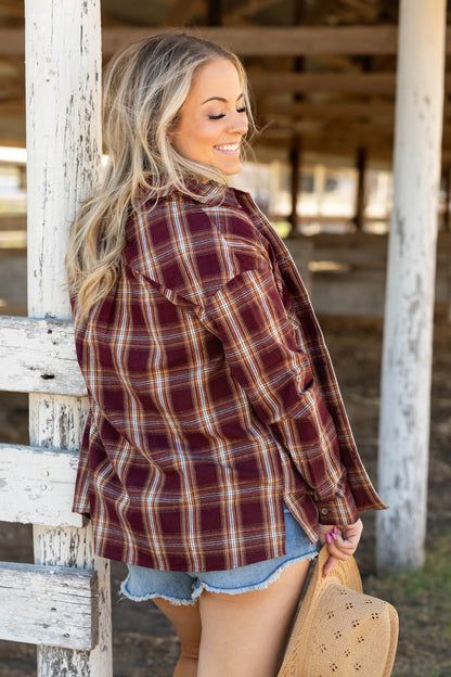 Berry Plaid Woven Top With Roll Up Sleeve