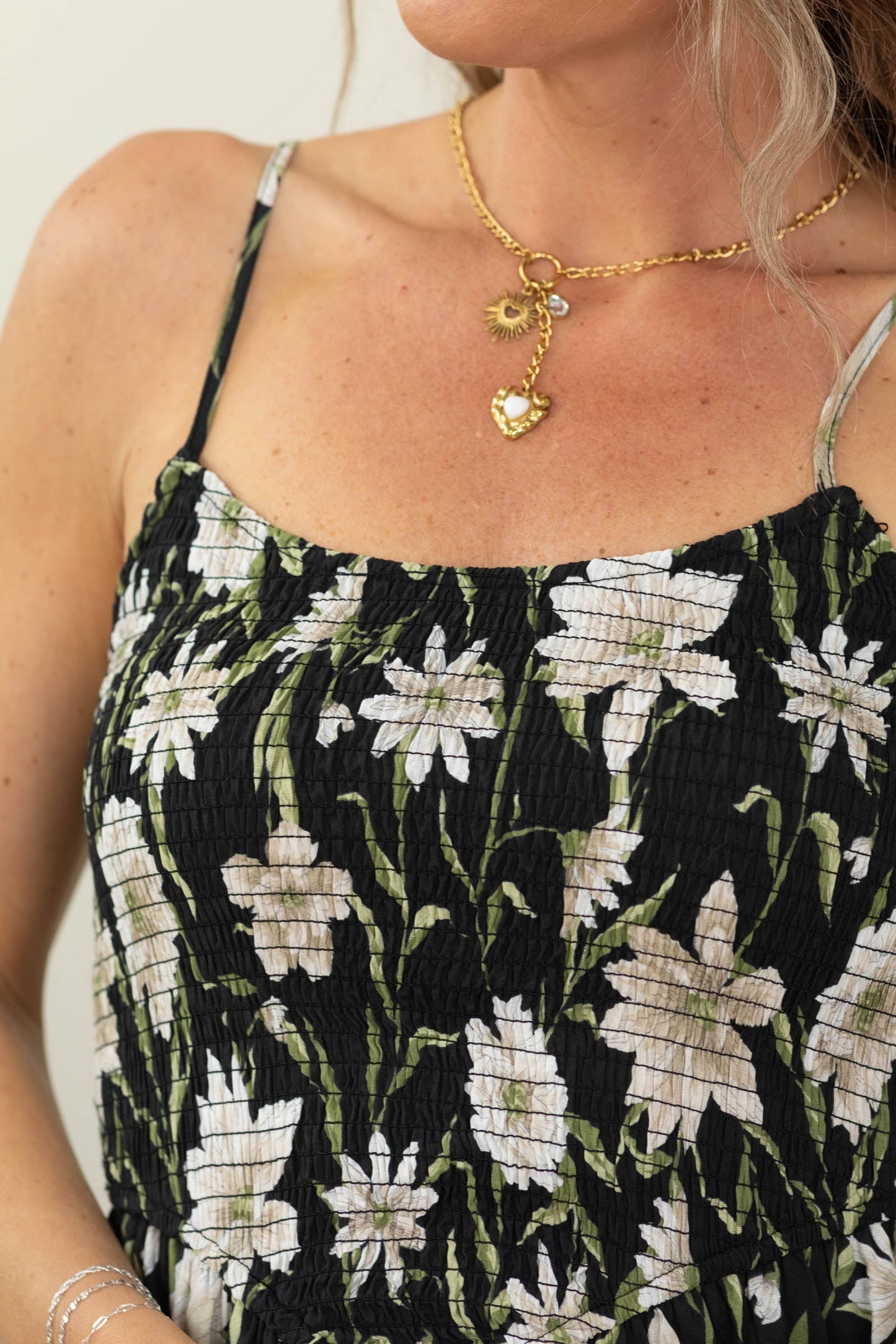 Black Floral Smocked Midi Dress