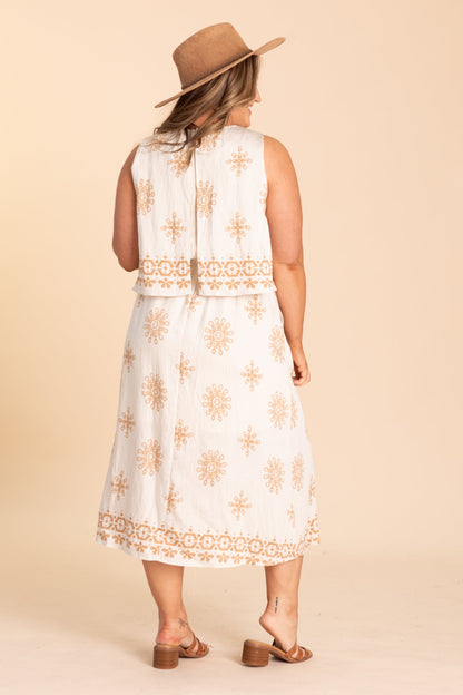 Beige And Camel Starburst Print Midi Dress