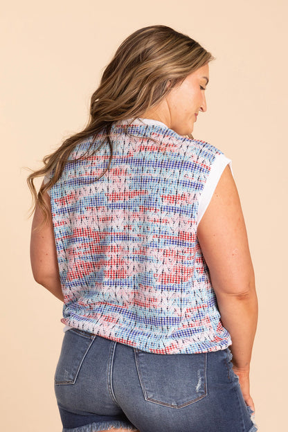 Blue Red And White Colorblock Band Knit Top