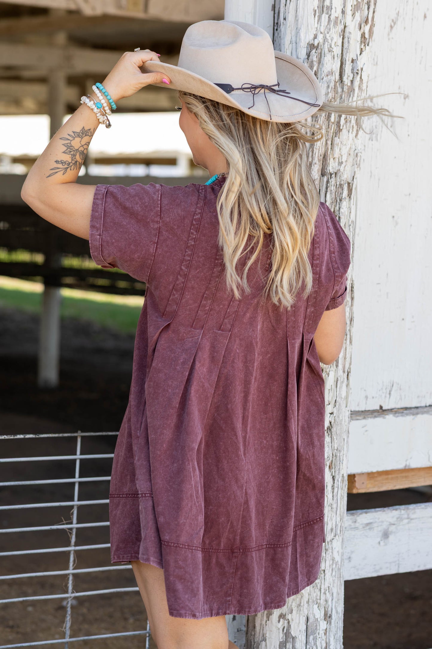 Berry Washed Pleated Side Pocket Dress
