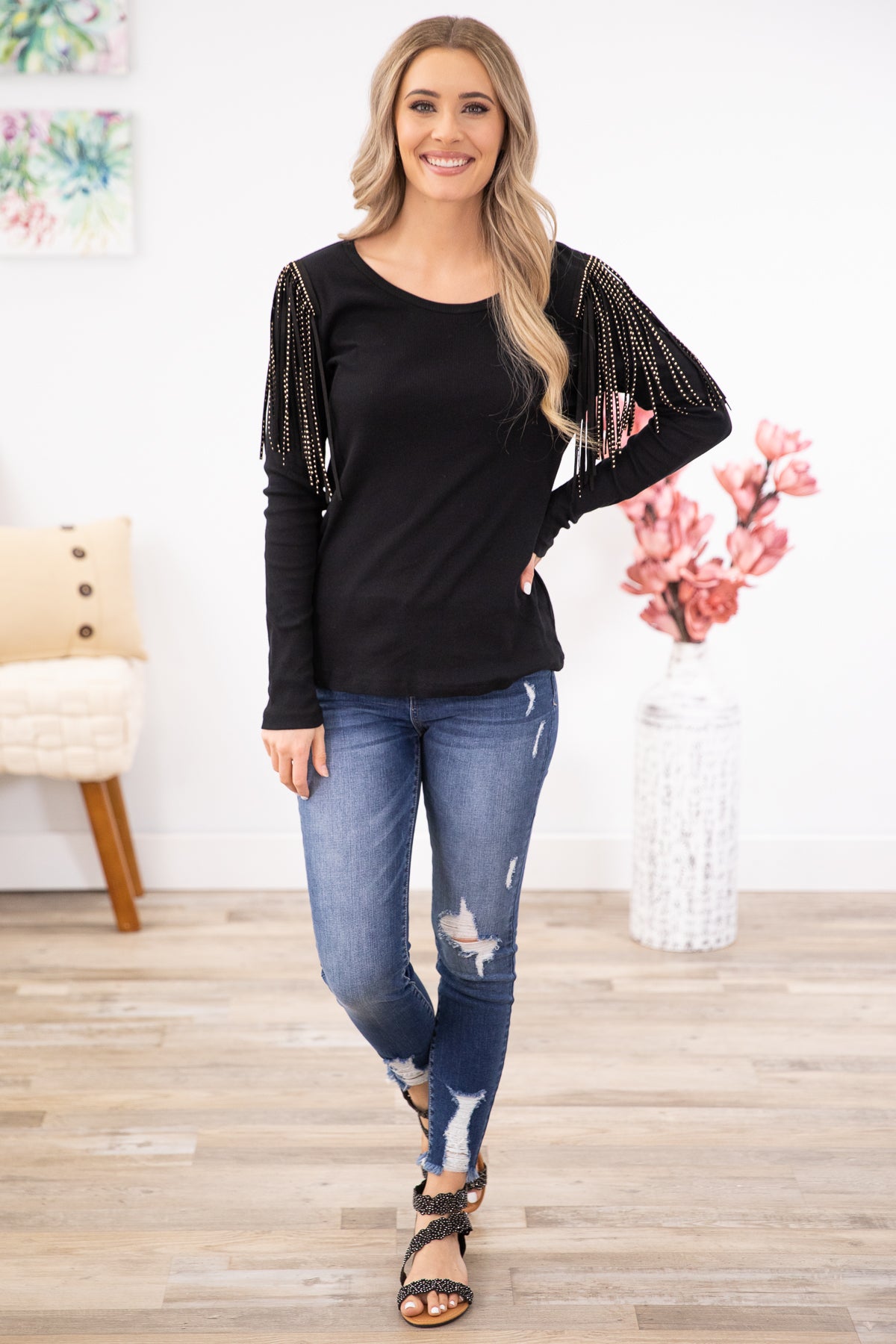 Black Studded Fringe Detail Long Sleeve Top