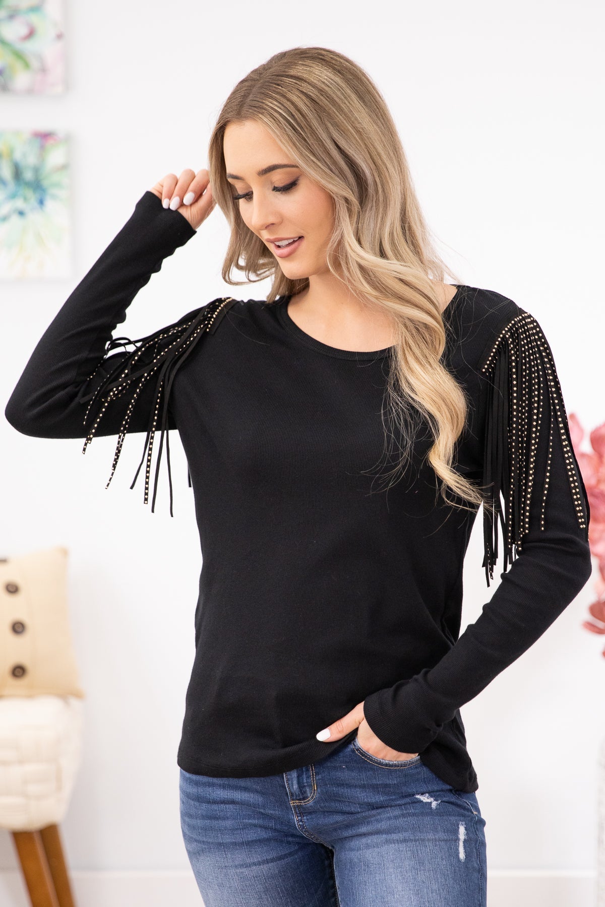 Black Studded Fringe Detail Long Sleeve Top