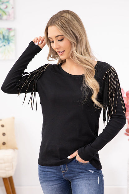 Black Studded Fringe Detail Long Sleeve Top