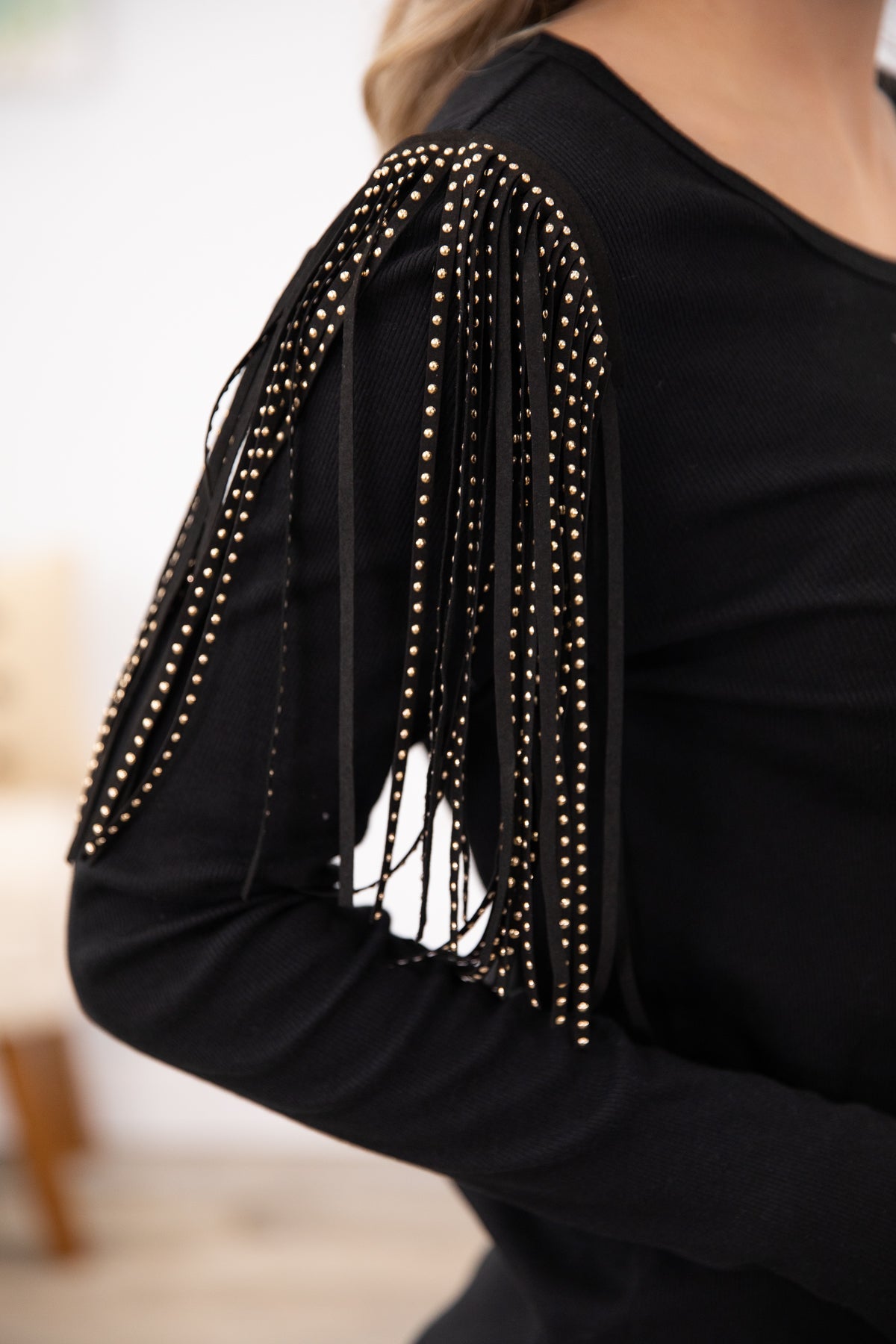 Black Studded Fringe Detail Long Sleeve Top