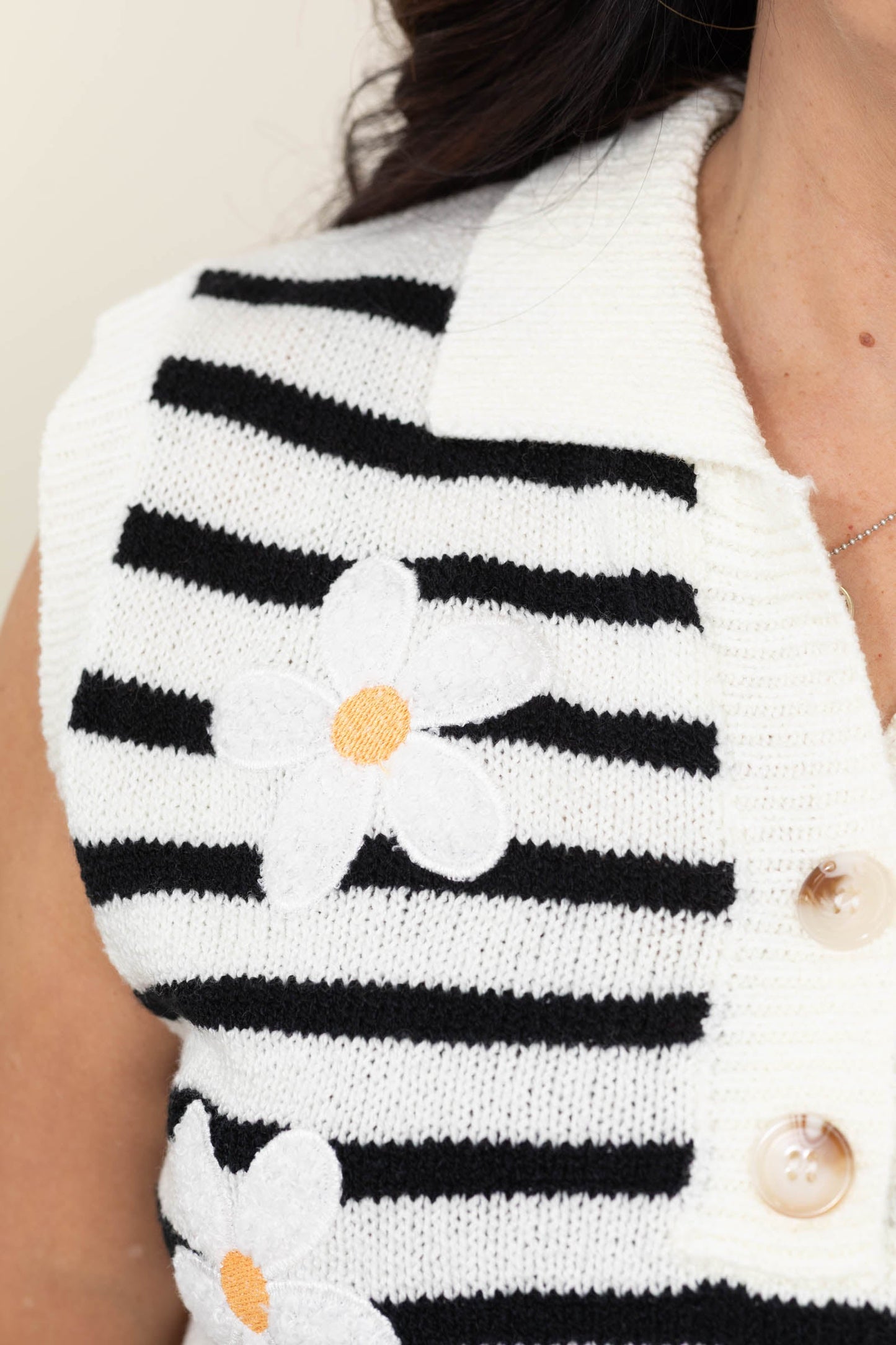 Black And White Striped Daisy Sweater Vest