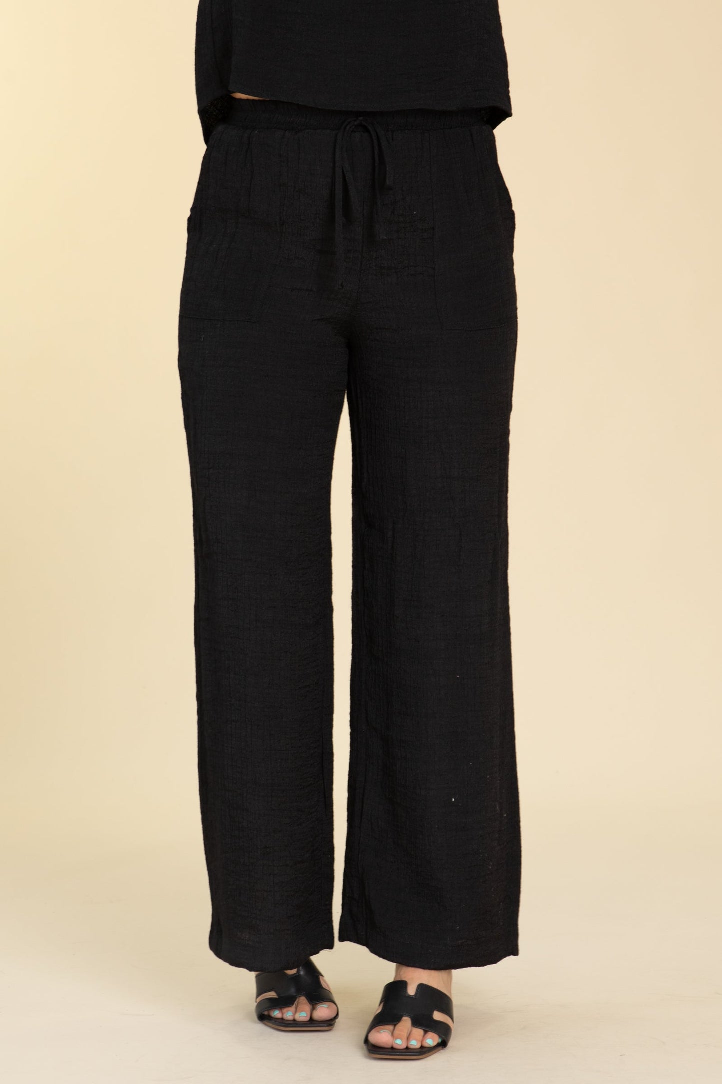 Black Crinkle Drawstring Wide Leg Pants