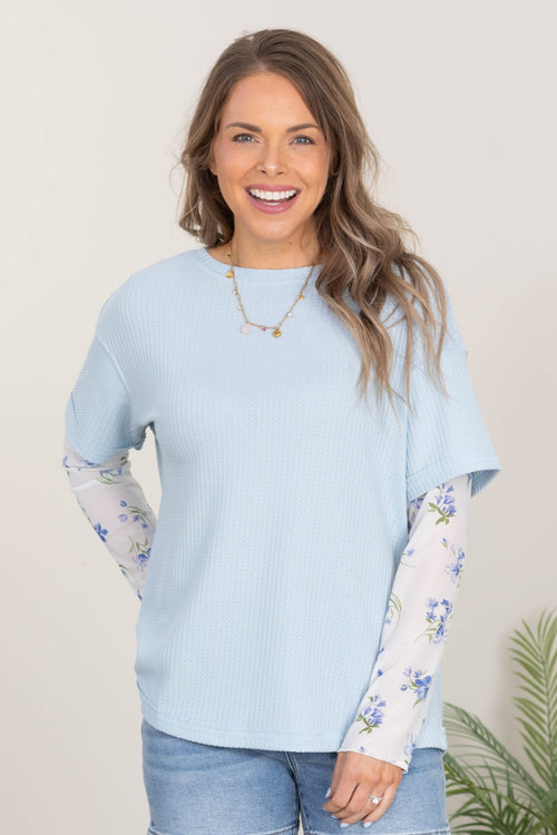 Baby Blue Waffle Knit Top With Floral Sleeves