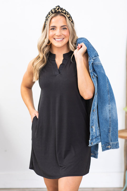 Black V-Neck Wrinkle Free Lizzy Dress