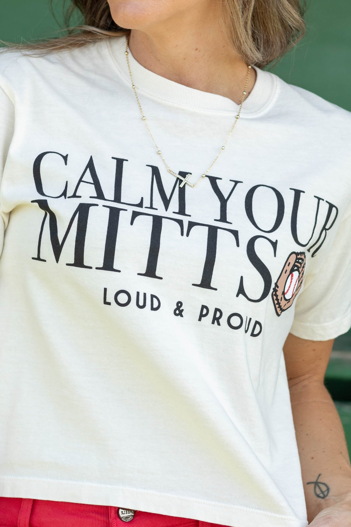 Baseball Calm Your Mitts Cropped Tee- 100% Cotton