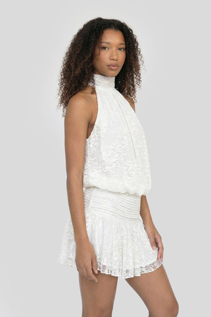 Lace Cinched Waist Mini Halter Dress