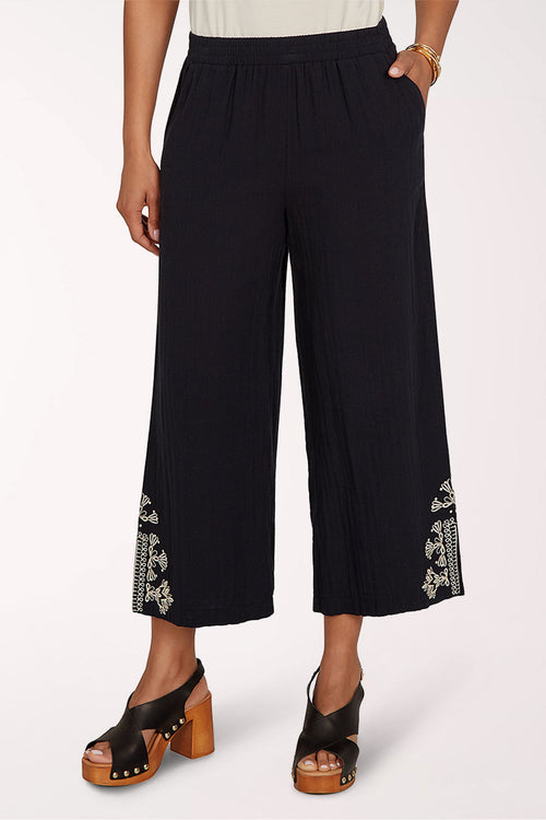 Tropical Noir Embroidered Cotton Gauze Crop Pant