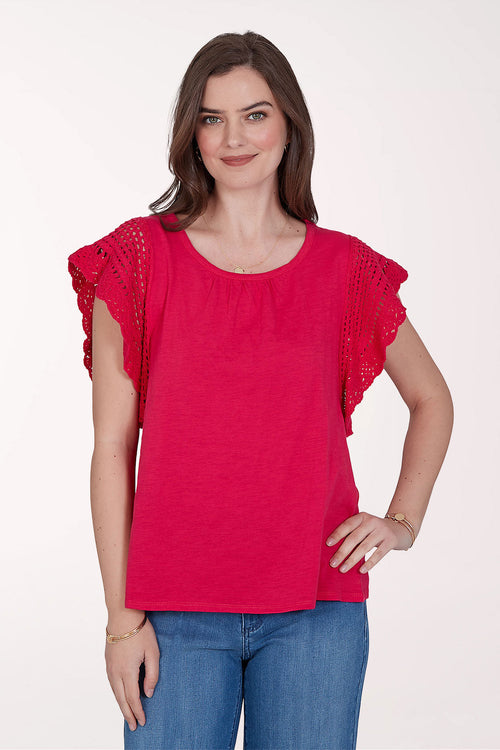 Tropical Noir Ruffled Crochet Sleeve Top