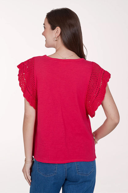 Tropical Noir Ruffled Crochet Sleeve Top