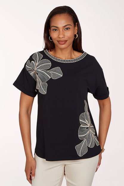 Tropical Noir Floral Embroidered Tee