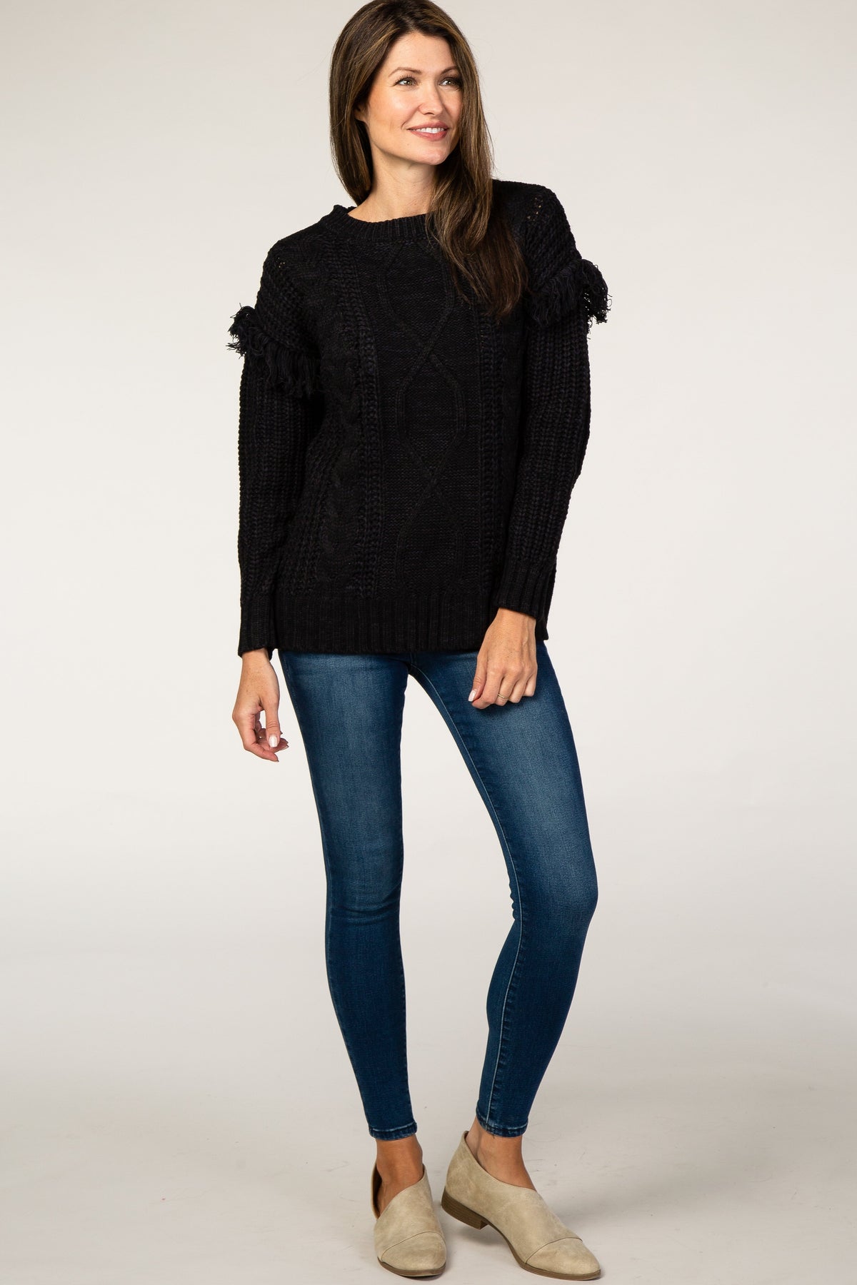 Black Cable Knit Fringe Sleeve Sweater