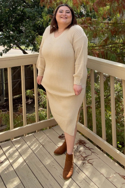 Beige V-Neck Ribbed Sweater Dress