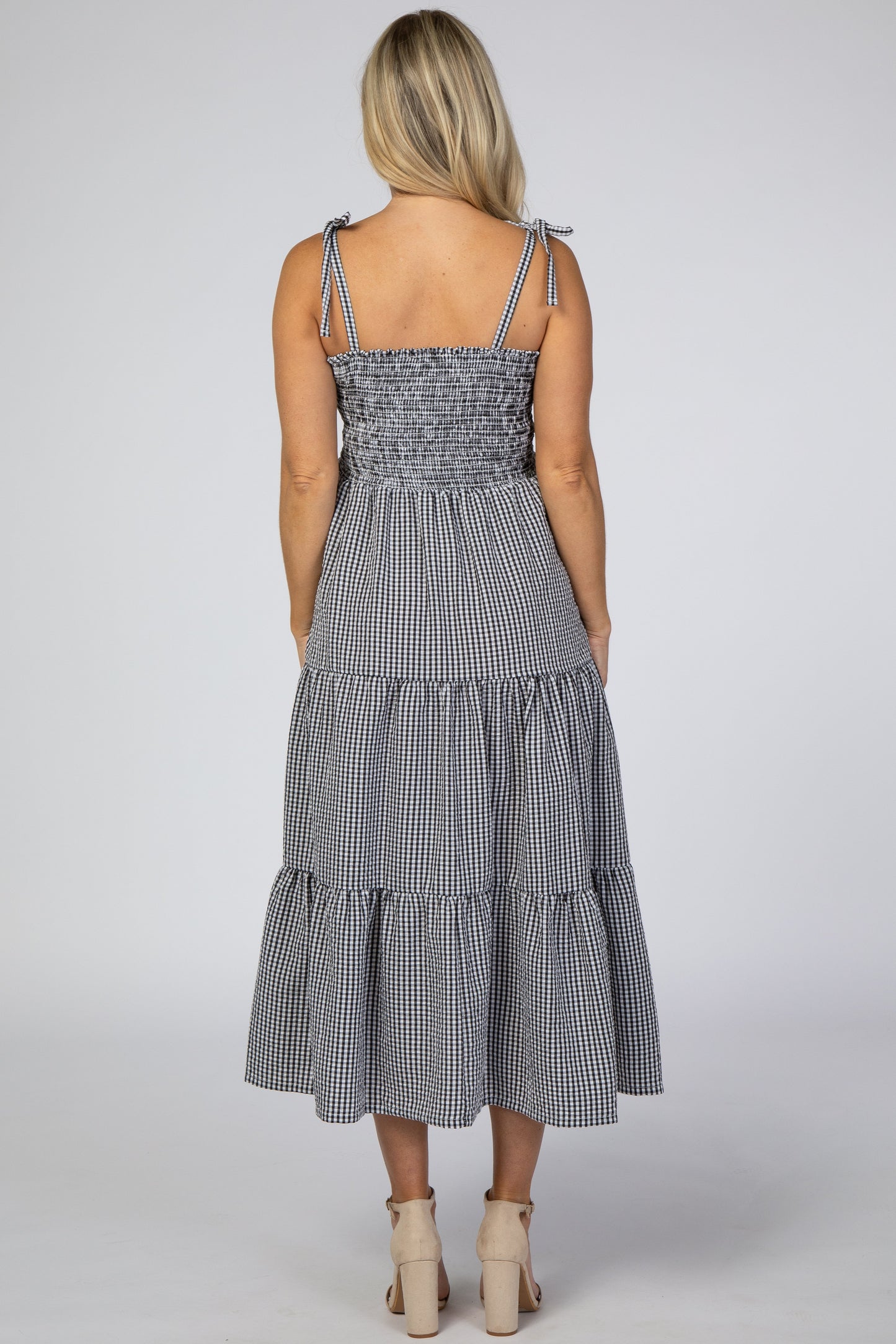 Black Checkered Tiered Maternity Midi Dress