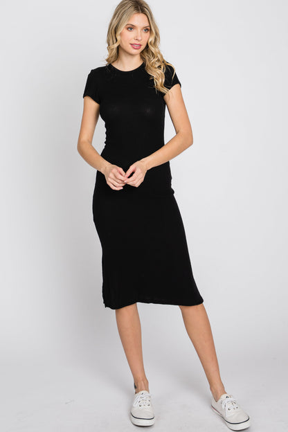 Black Brushed Ribbed Maternity Midi Dress