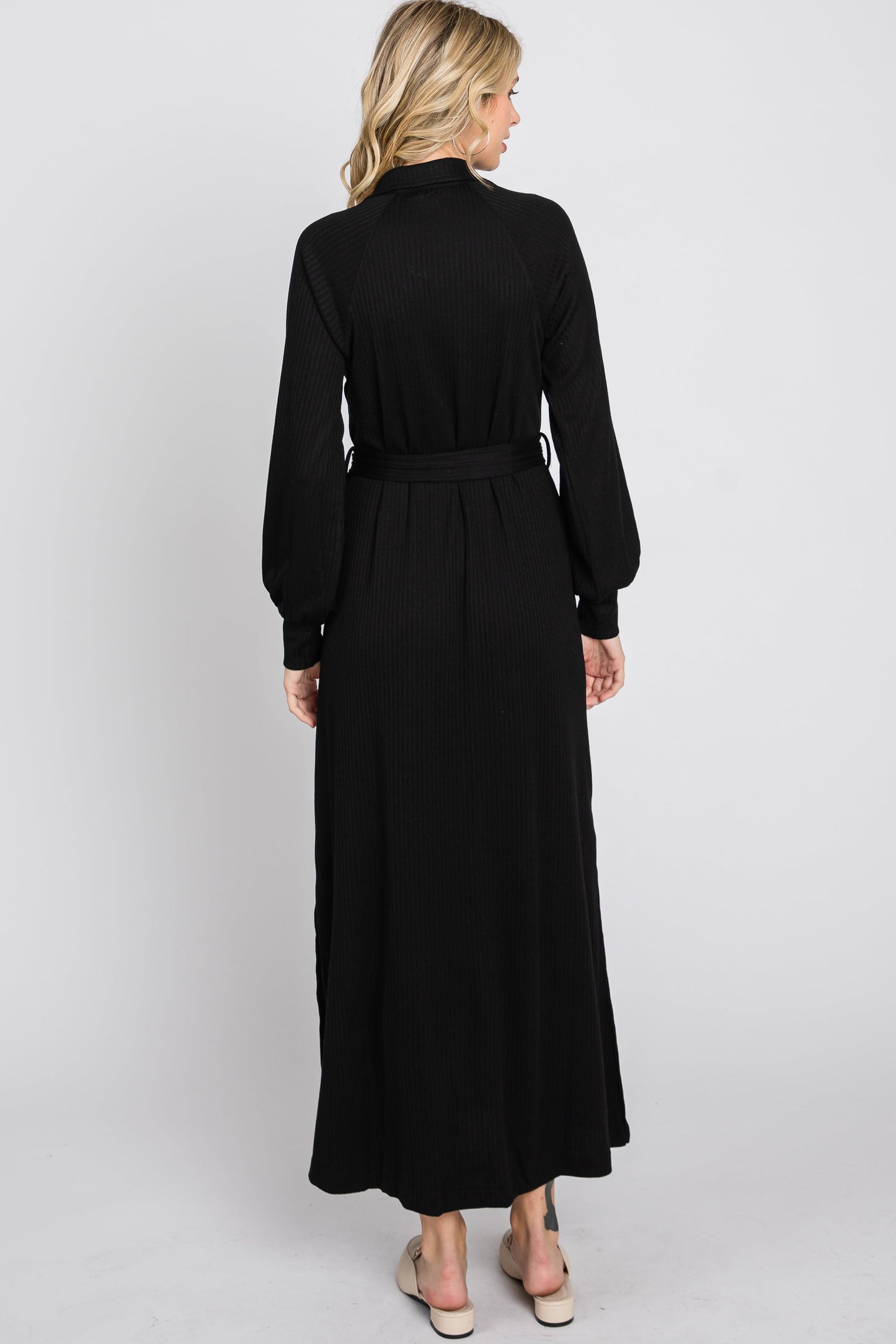 Black Button Accent Collared Maxi Dress