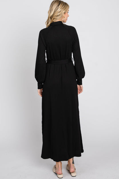 Black Button Accent Collared Maxi Dress