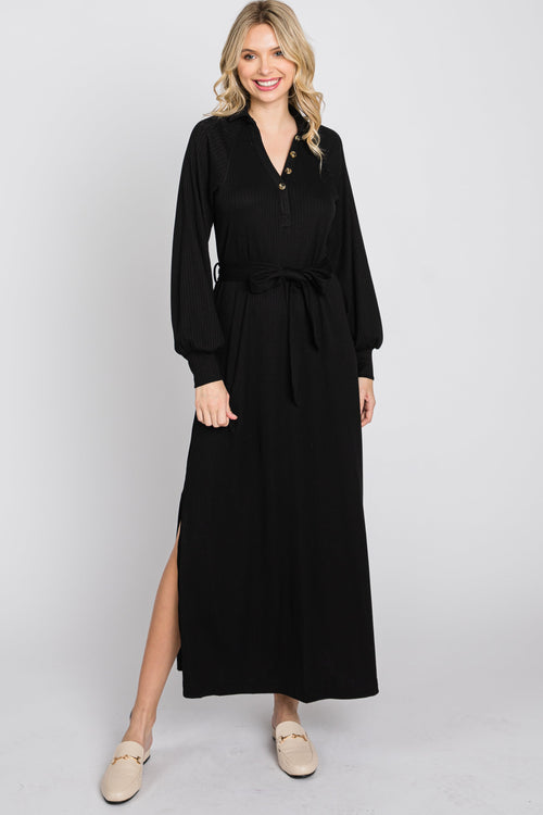 Black Button Accent Collared Maxi Dress