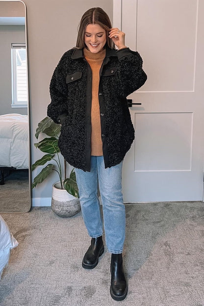 Black Contrast Oversized Sherpa Coat