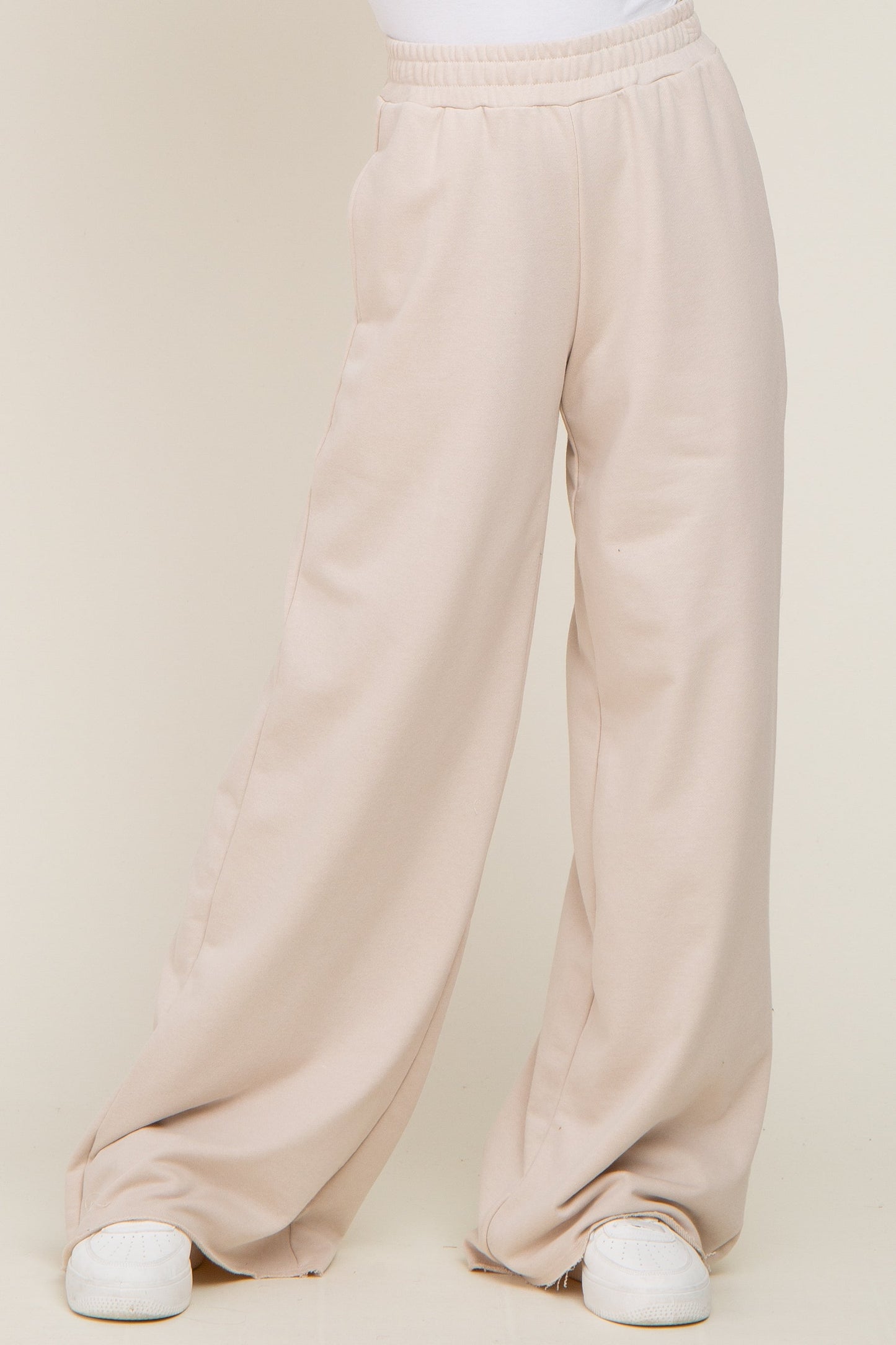 Beige Wide Leg Fray Hem Sweatpants