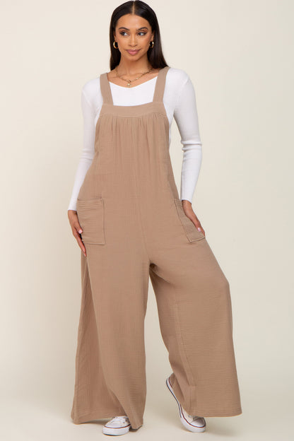 Beige Wide Leg Tie Back Overalls