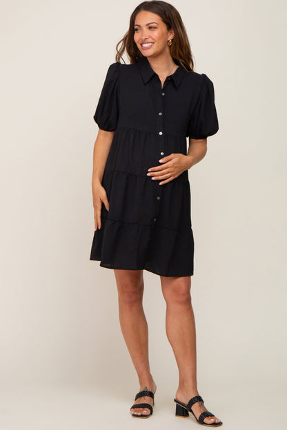 Black Collared Button Front Tiered Maternity Dress