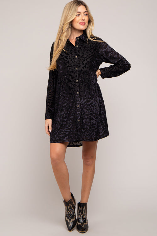 Black Burnout Velvet Maternity Button Up Dress