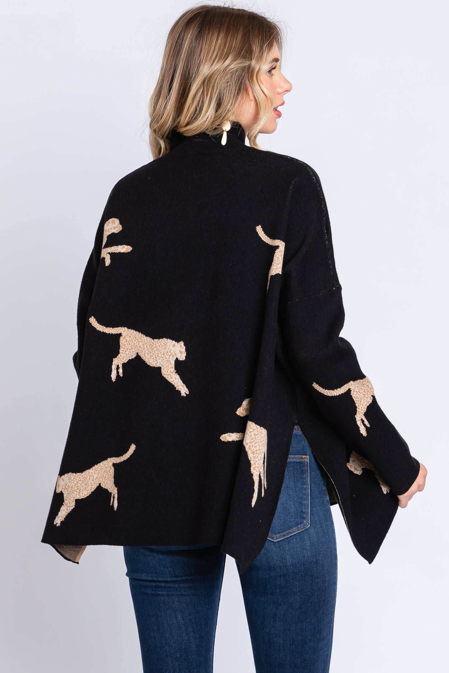 Black Animal Print Side Slit Sweater