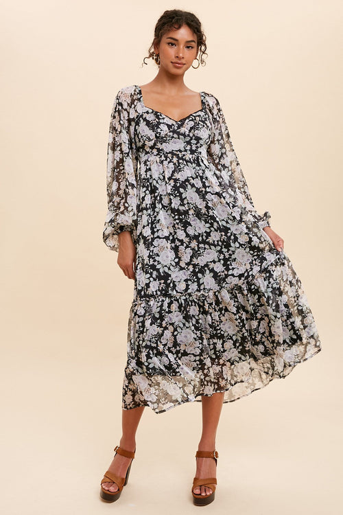 Black Chiffon Floral Maxi Dress
