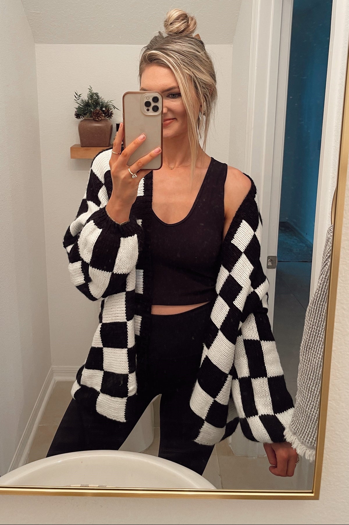 Black Checkered Print Oversized Cardigan