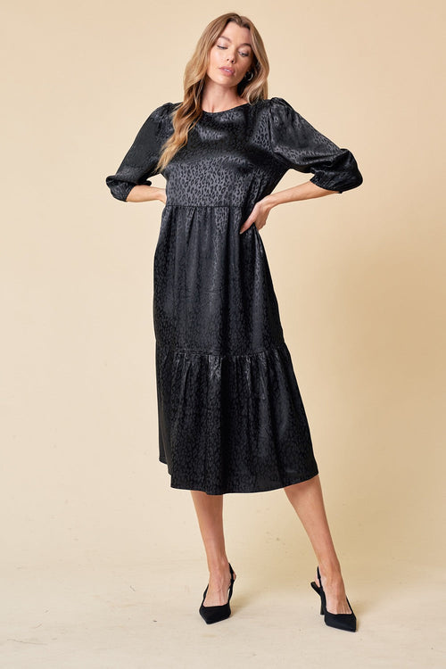 Black 3/4 Sleeve Tiered Midi Dress