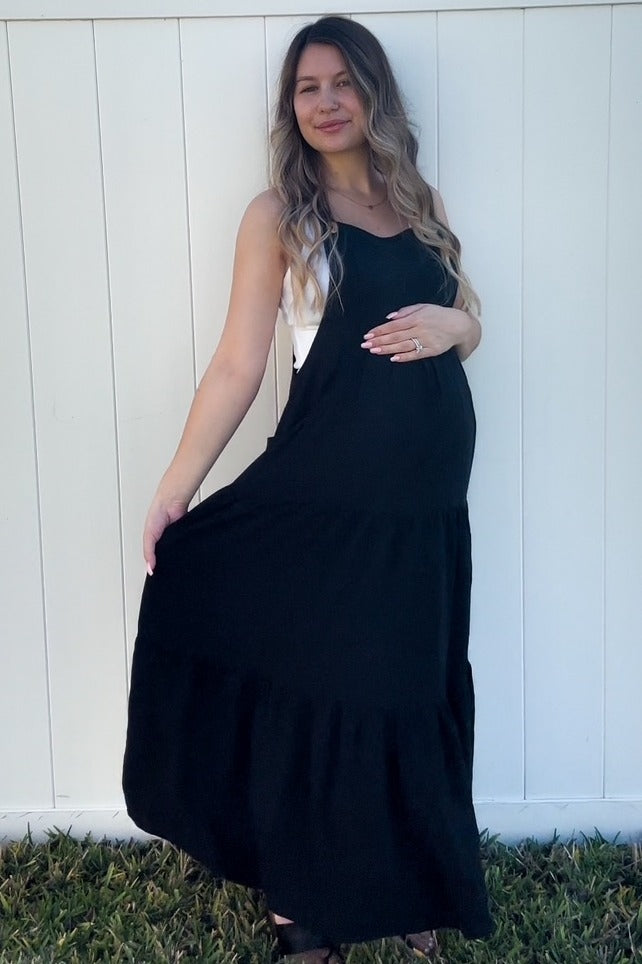 Black Button Sling Tiered Maternity Midi Dress