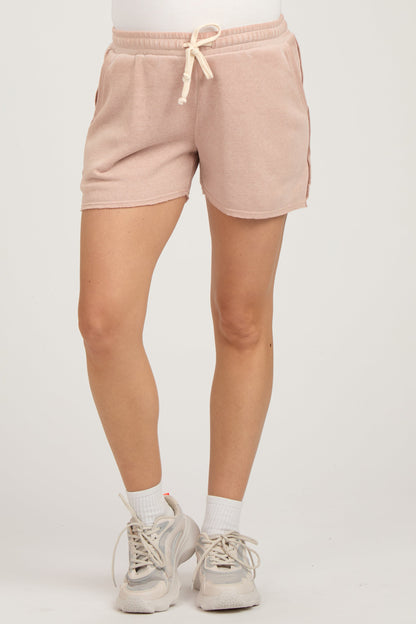 Beige Vintage Wash Maternity Drawstring Shorts