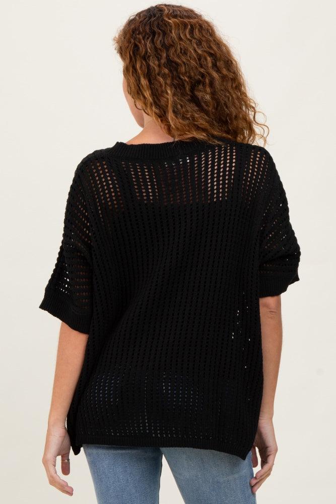 Black Crochet Knit Short Dolman Sleeve Top