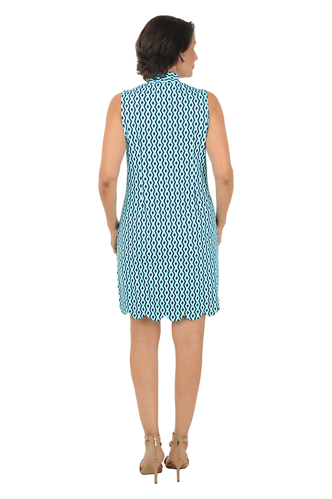 Turquoise Argyle Rope UPF50+ Scalloped Sleeveless Dress