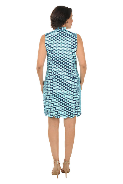 Turquoise Argyle Rope UPF50+ Scalloped Sleeveless Dress