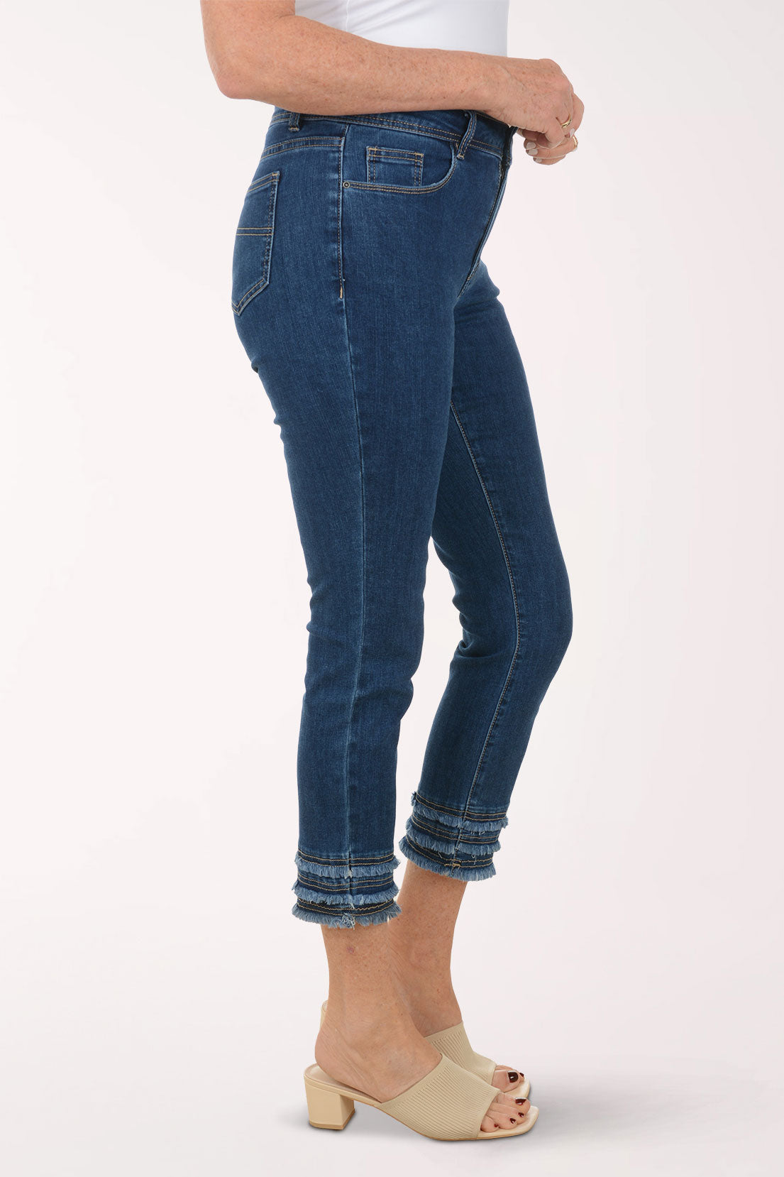 Triple Frayed Hem Stretch Denim Pant
