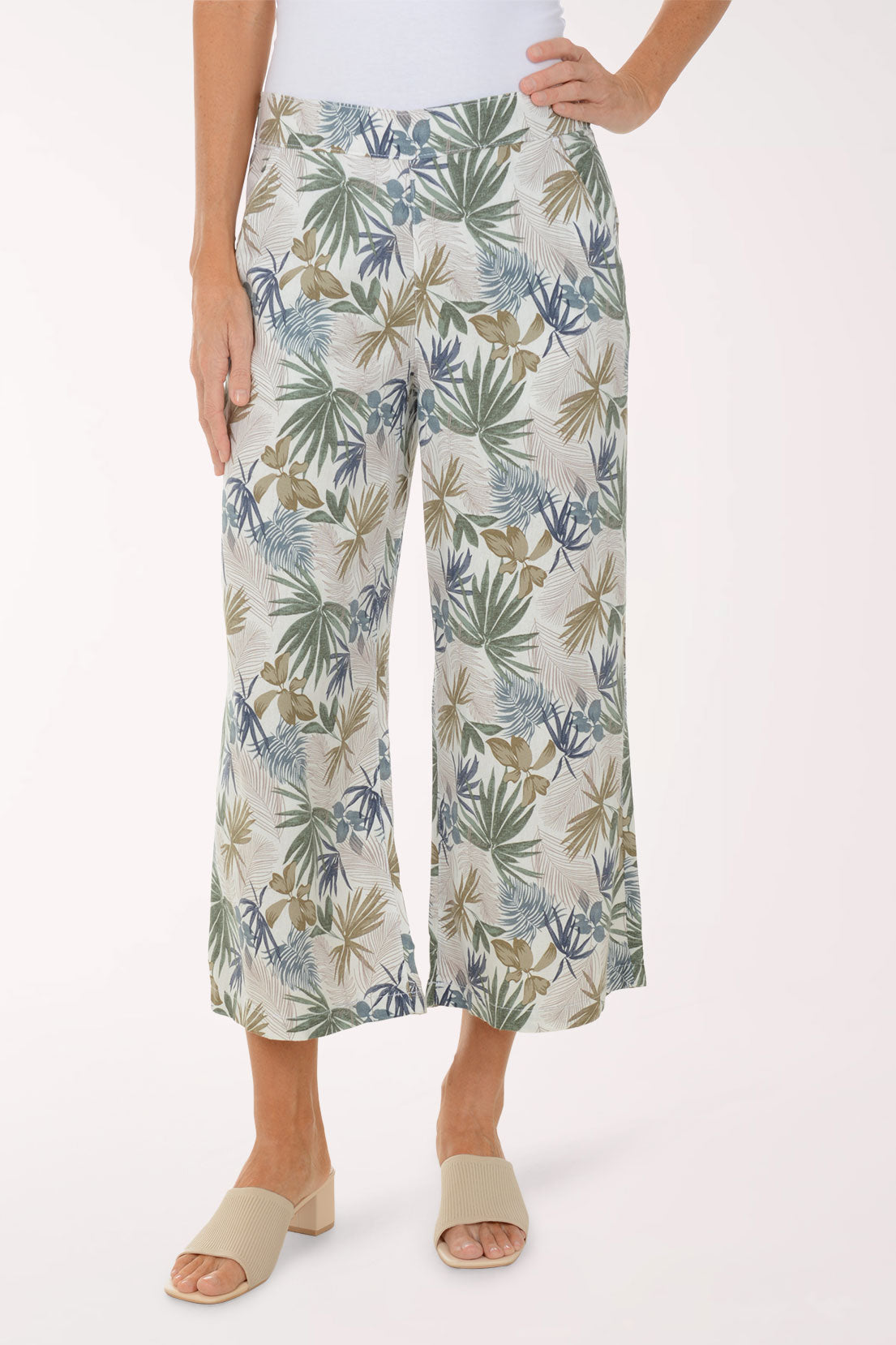 Tropical Leaves Linen-Blend Crop Pant