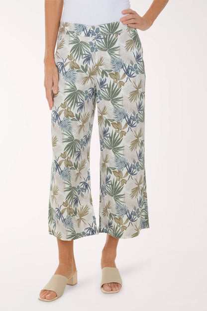 Tropical Leaves Linen-Blend Crop Pant