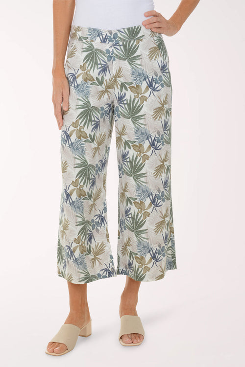 Tropical Leaves Linen-Blend Crop Pant