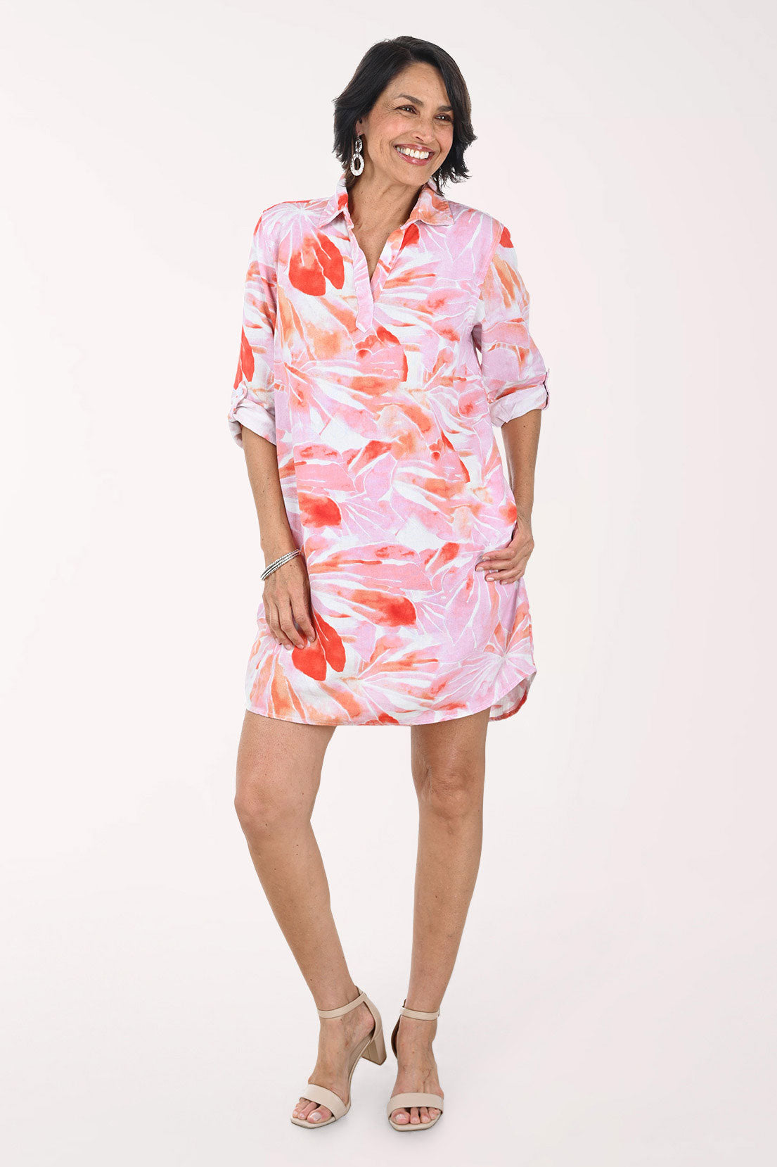 Watercolor Pink Floral Collared Roll Sleeve Dress