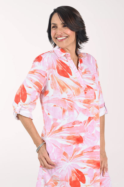Watercolor Pink Floral Collared Roll Sleeve Dress