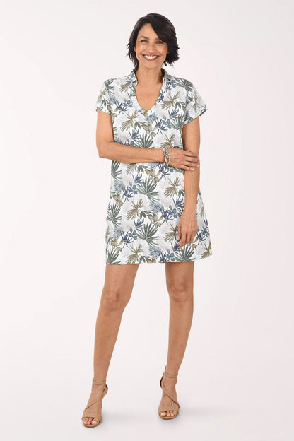 Tropical Leaves Linen-Blend Collared Dress