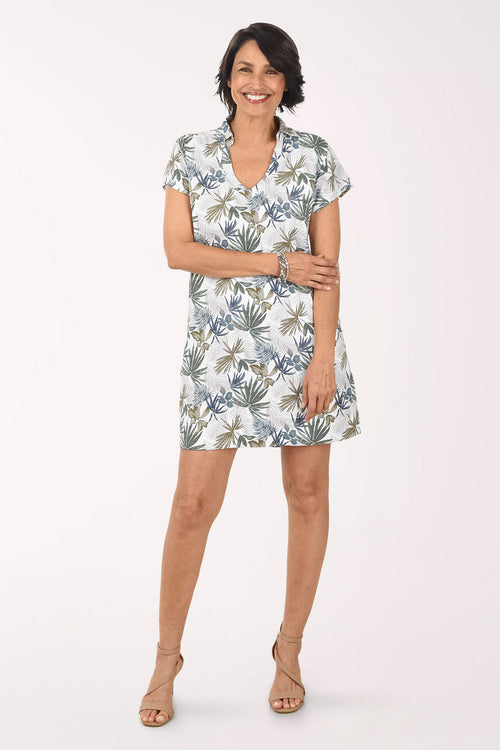Tropical Leaves Linen-Blend Collared Dress